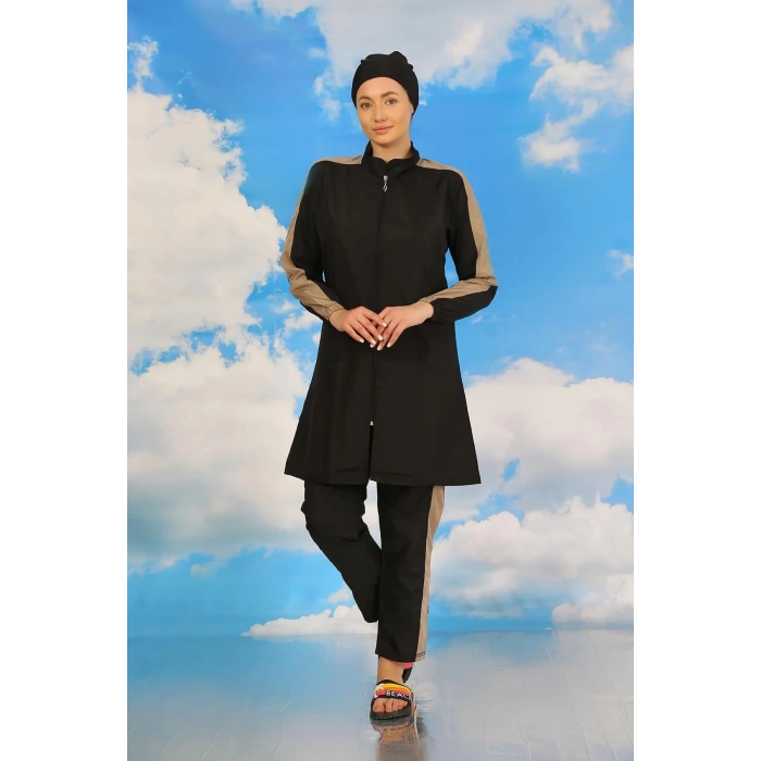 Moda Kadın Pantolonlu Kolu Şeritli Tam Tesettür Mayo Siyah