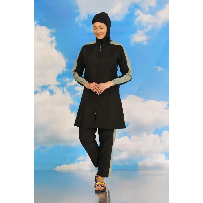 Moda Kadın Pantolonlu Kolu Şeritli Tam Tesettür Mayo Siyah