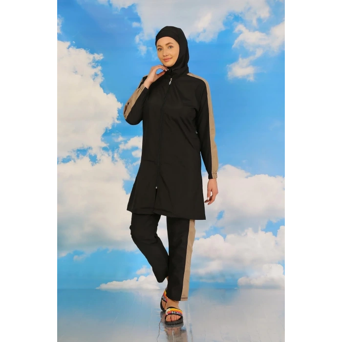 Moda Kadın Pantolonlu Kolu Şeritli Tam Tesettür Mayo Siyah