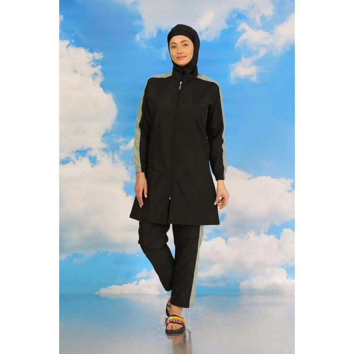 Moda Kadın Pantolonlu Kolu Şeritli Tam Tesettür Mayo Siyah