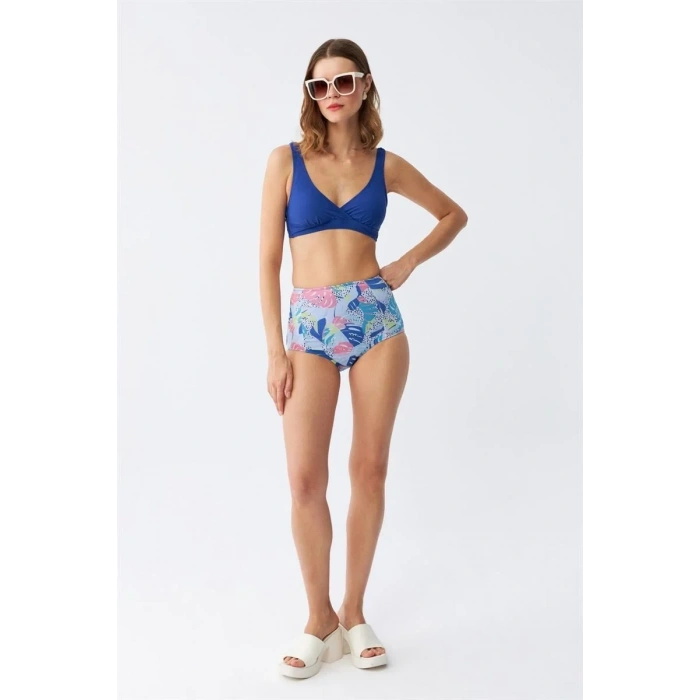 Moda Kadın Pedli Yaprak Desenli Yüksek Bel Sax Bikini Takımı