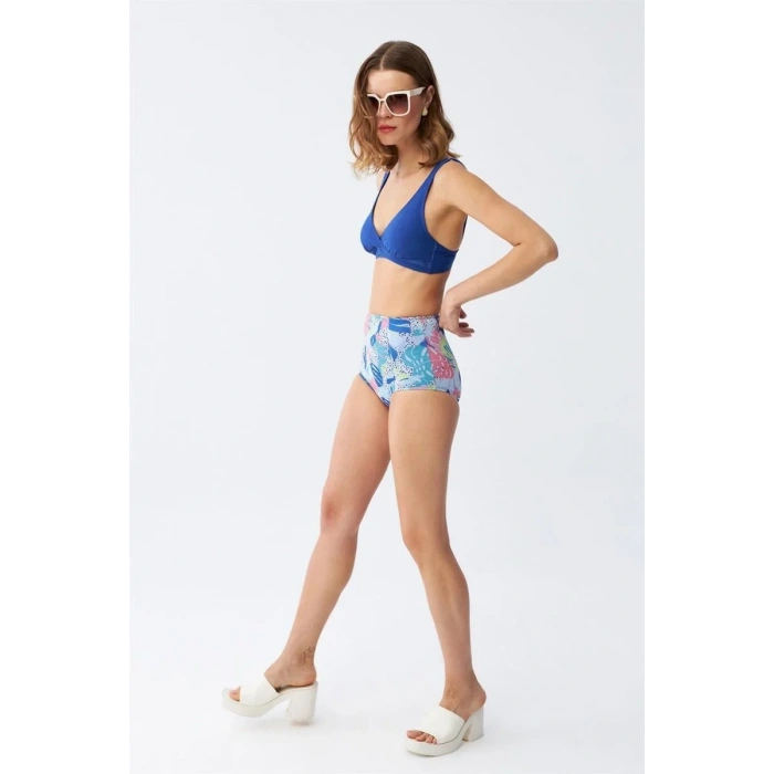 Moda Kadın Pedli Yaprak Desenli Yüksek Bel Sax Bikini Takımı