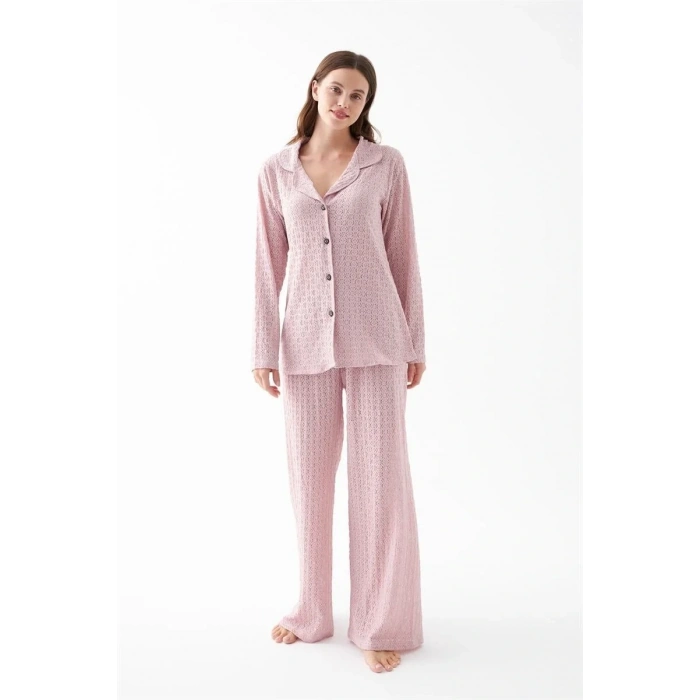Moda Kadın Pembe Önden Düğmeli Rahat Kesim Pijama Takımı – Günlük Ev Giyim Seti