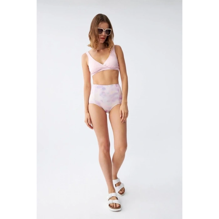 Moda Kadın Pembe Pedli Üst ve Pastel Desenli Yüksek Bel Bikini Takımı