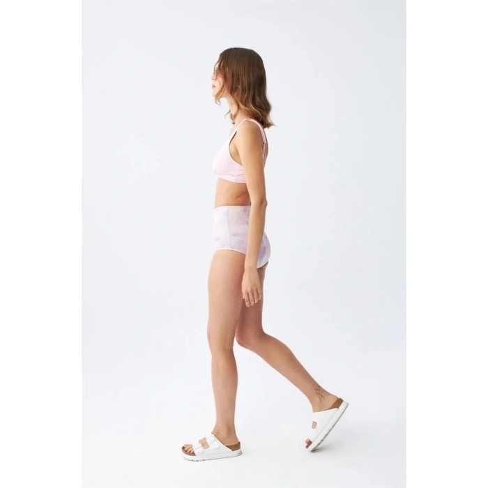 Moda Kadın Pembe Pedli Üst ve Pastel Desenli Yüksek Bel Bikini Takımı