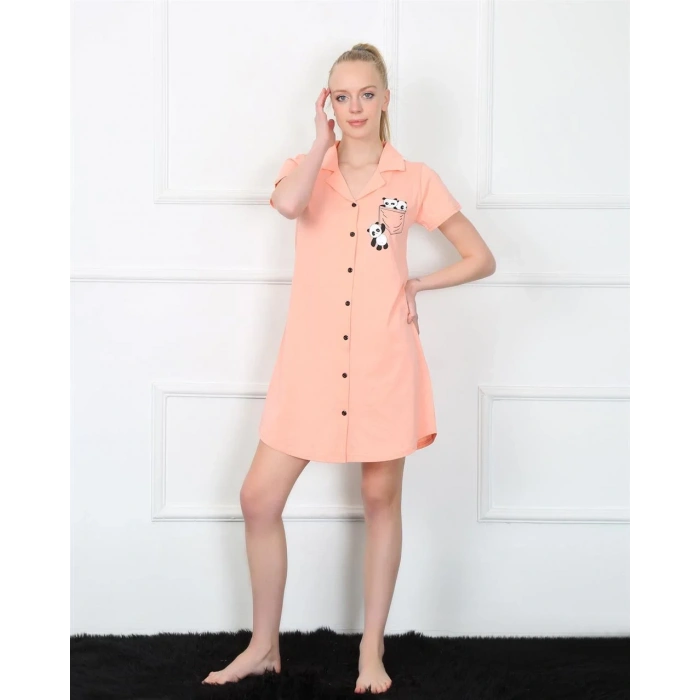 Moda Kadın Penye Önden Düğmeli Pembe Tunik Gecelik