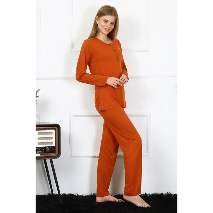 Moda Kadın Penye Uzun Kol Patlı Pijama Takım Kiremit