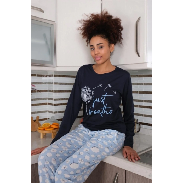 Moda Kadın Penye Uzun Kol Pijama Takım Laciver