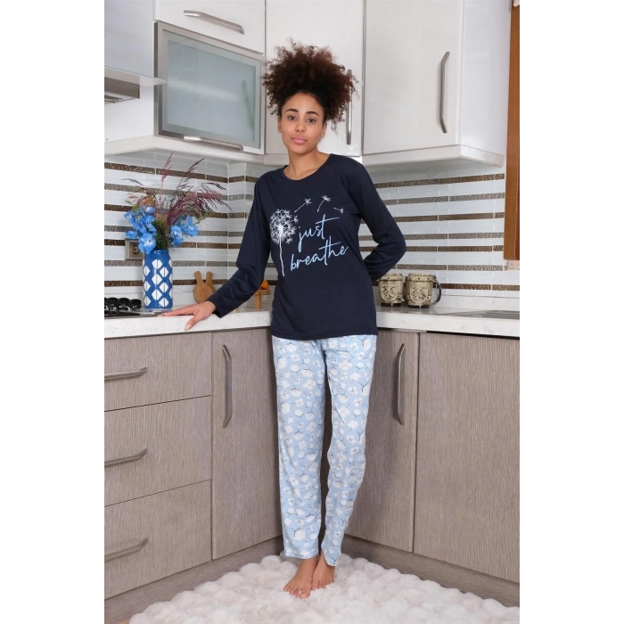 Moda Kadın Penye Uzun Kol Pijama Takım Laciver