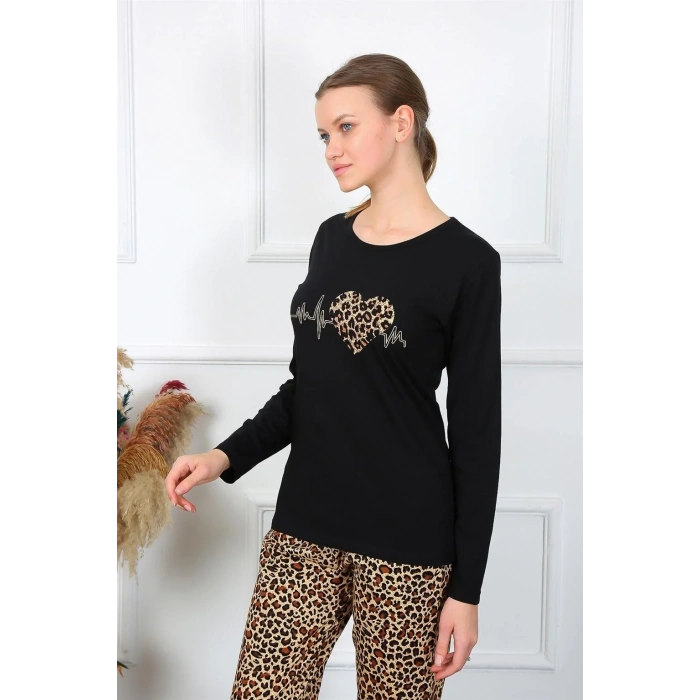 Moda Kadın Penye Uzun Kol Pijama Takım Siyah