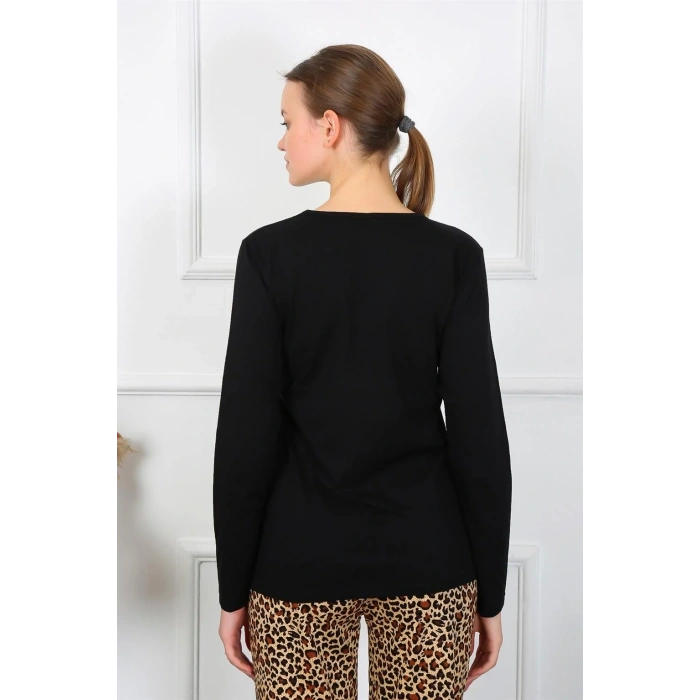 Moda Kadın Penye Uzun Kol Pijama Takım Siyah