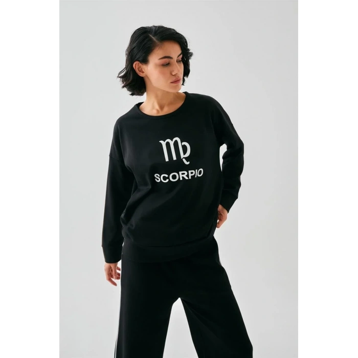 Moda Kadın Siyah Akrep Burcu Oversize 2 İplik Eşofman Ev Giyim Takımı