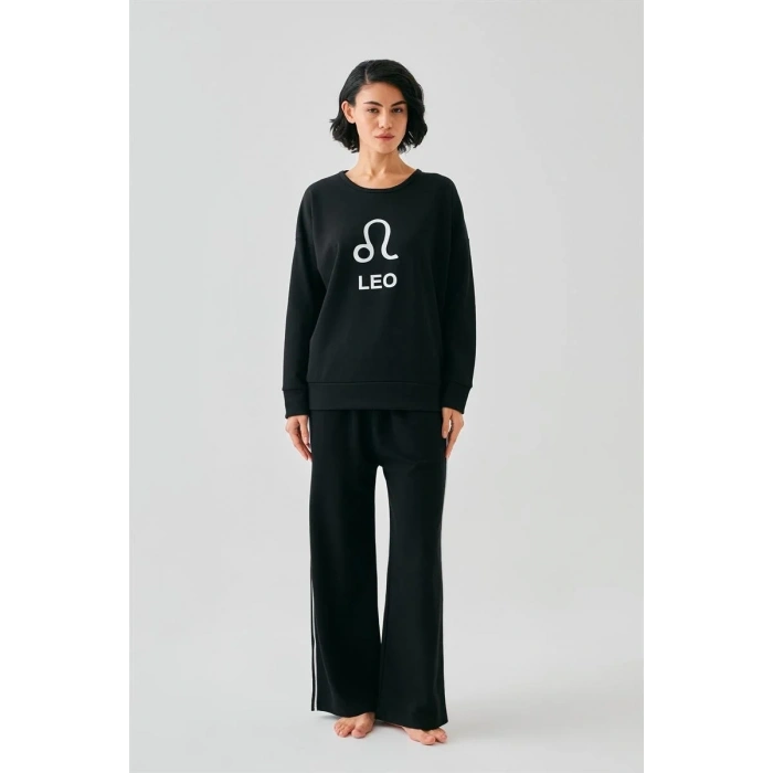 Moda Kadın Siyah Aslan Burcu Oversize 2 İplik Eşofman Ev Giyim Takımı
