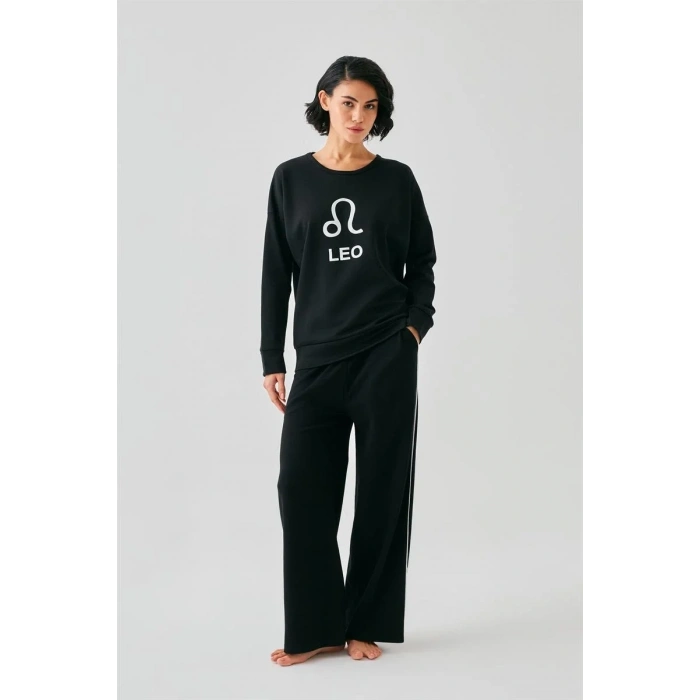 Moda Kadın Siyah Aslan Burcu Oversize 2 İplik Eşofman Ev Giyim Takımı