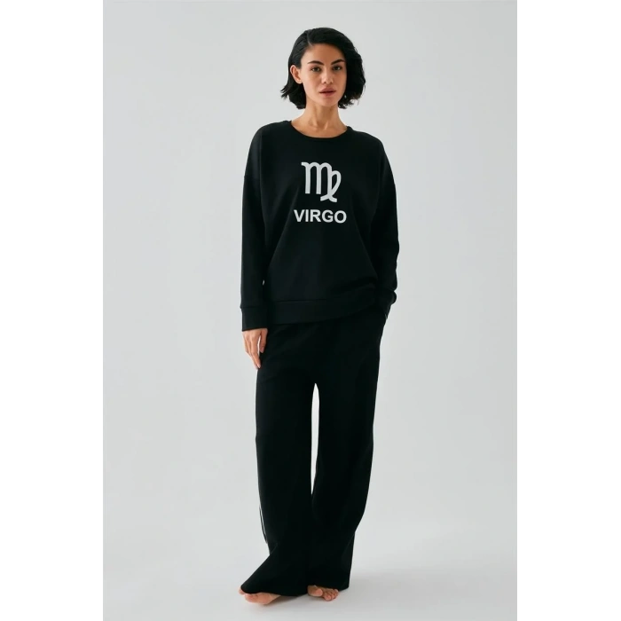 Moda Kadın Siyah Başak Burcu Oversize 2 İplik Eşofman Ev Giyim Takımı