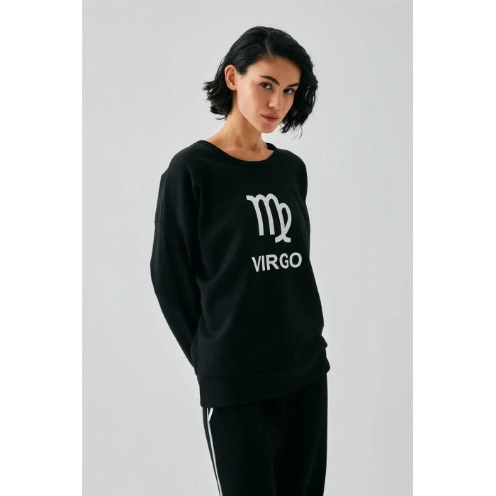 Moda Kadın Siyah Başak Burcu Oversize 2 İplik Eşofman Ev Giyim Takımı