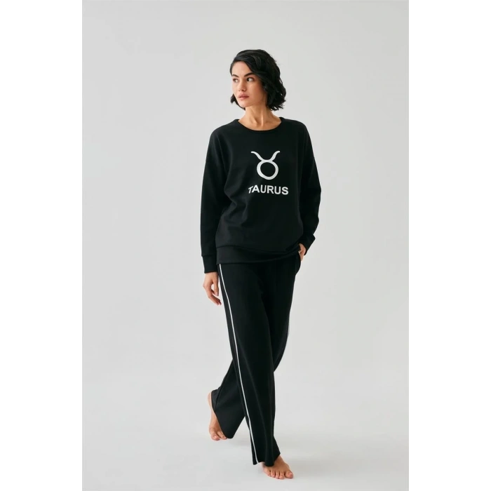 Moda Kadın Siyah Boğa Burcu Oversize 2 İplik Eşofman Ev Giyim Takımı