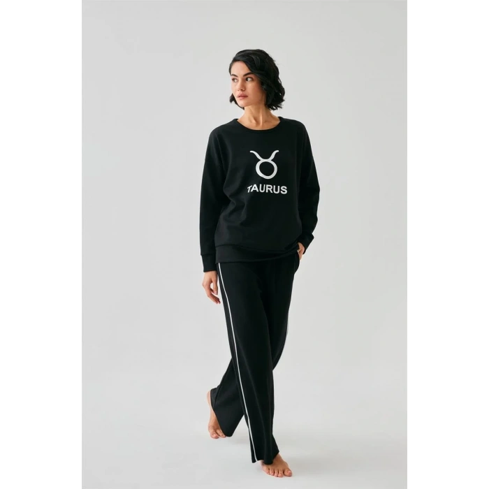 Moda Kadın Siyah Boğa Burcu Oversize 2 İplik Eşofman Ev Giyim Takımı