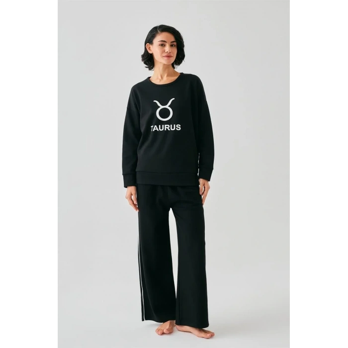 Moda Kadın Siyah Boğa Burcu Oversize 2 İplik Eşofman Ev Giyim Takımı