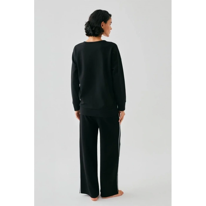 Moda Kadın Siyah Boğa Burcu Oversize 2 İplik Eşofman Ev Giyim Takımı