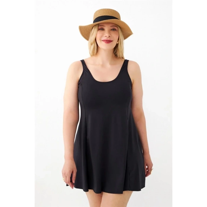 Moda Kadın Siyah Büyük Beden Düz Elbise Mayo