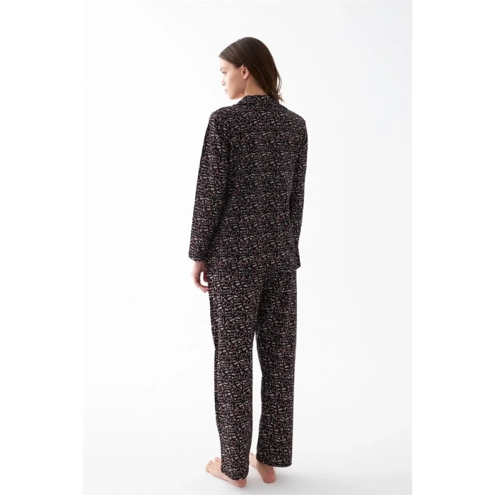 Moda Kadın Siyah Düğmeli Kalp Desenli Pamuklu Pijama Takımı