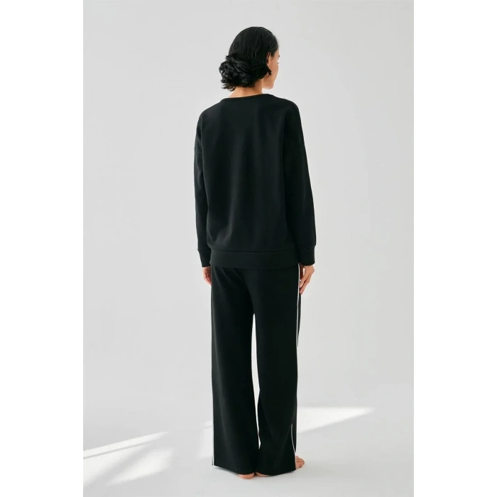 Moda Kadın Siyah İkizler Burcu Oversize 2 İplik Eşofman Ev Giyim Takımı