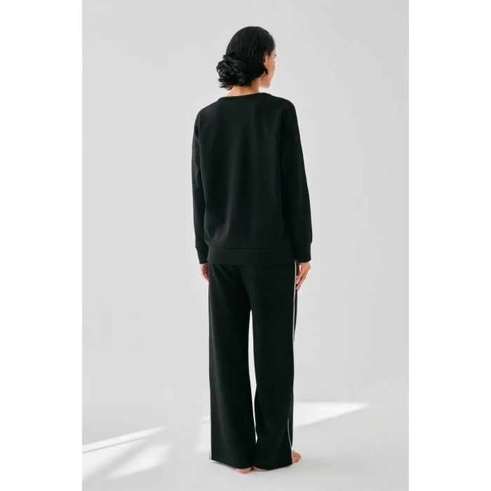 Moda Kadın Siyah İkizler Burcu Oversize 2 İplik Eşofman Ev Giyim Takımı