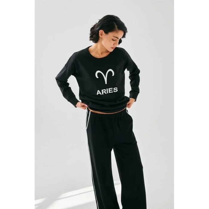 Moda Kadın Siyah Koç Burcu Oversize 2 İplik Eşofman Ev Giyim Takımı