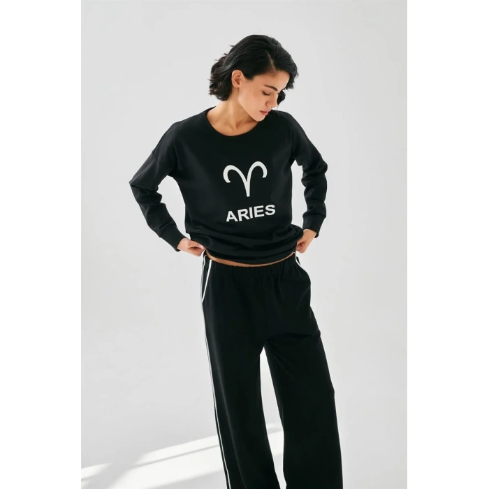 Moda Kadın Siyah Koç Burcu Oversize 2 İplik Eşofman Ev Giyim Takımı