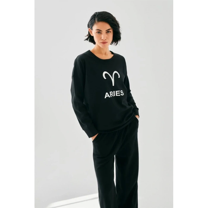 Moda Kadın Siyah Koç Burcu Oversize 2 İplik Eşofman Ev Giyim Takımı