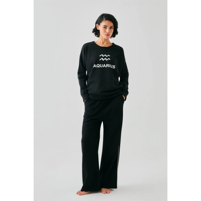 Moda Kadın Siyah Kova Burcu Oversize 2 İplik Eşofman Ev Giyim Takımı