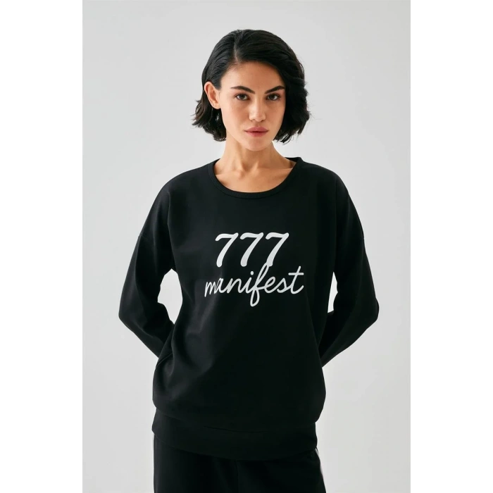 Moda Kadın Siyah Manifest Oversize 2 İplik Eşofman Ev Giyim Takımı