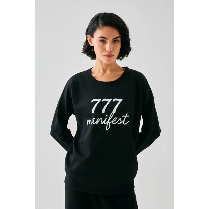 Moda Kadın Siyah Manifest Oversize 2 İplik Eşofman Ev Giyim Takımı