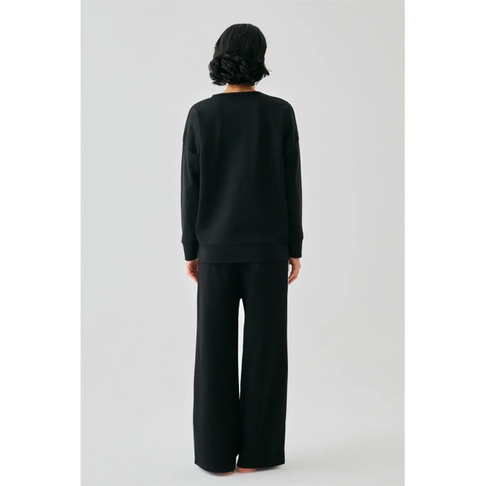 Moda Kadın Siyah Manifest Oversize 2 İplik Eşofman Ev Giyim Takımı