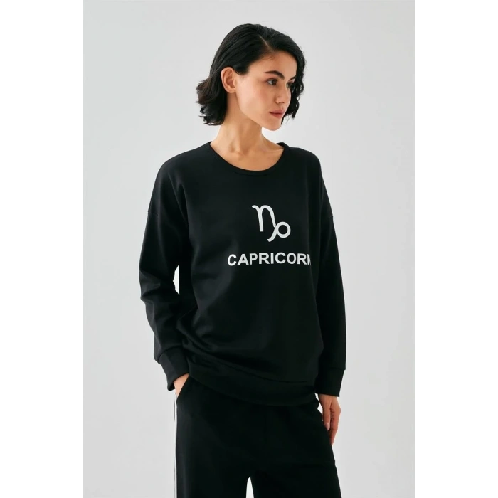 Moda Kadın Siyah Oğlak Burcu Oversize 2 İplik Eşofman Ev Giyim Takımı