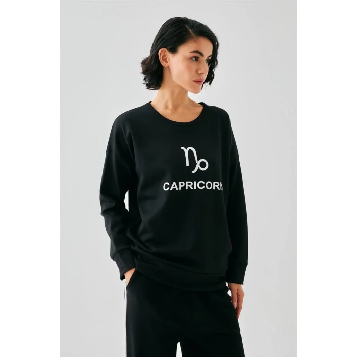 Moda Kadın Siyah Oğlak Burcu Oversize 2 İplik Eşofman Ev Giyim Takımı