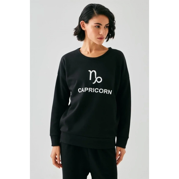 Moda Kadın Siyah Oğlak Burcu Oversize 2 İplik Eşofman Ev Giyim Takımı