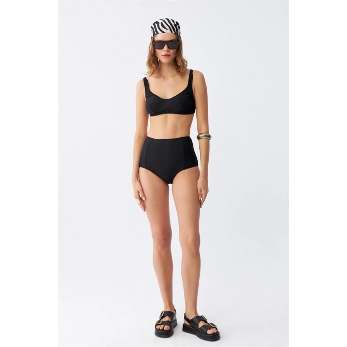 Moda Kadın Siyah Pedli Kare Yaka Yüksek Bel Bikini Takımı
