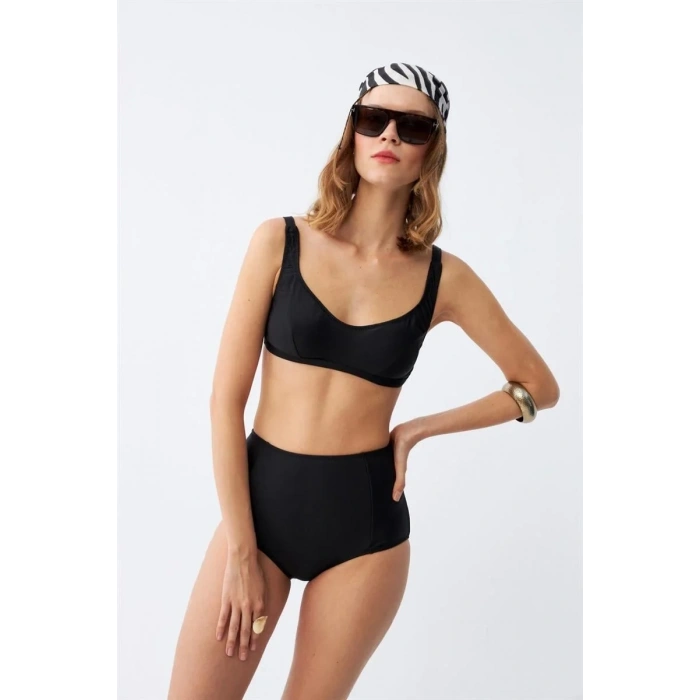 Moda Kadın Siyah Pedli Kare Yaka Yüksek Bel Bikini Takımı