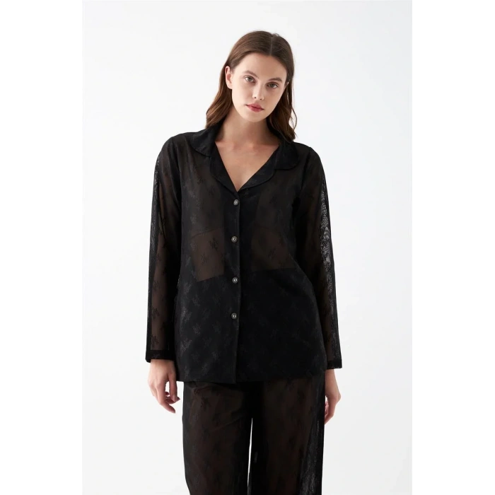 Moda Kadın Siyah Şeffaf Jakar Düğmeli Pijama Takımı