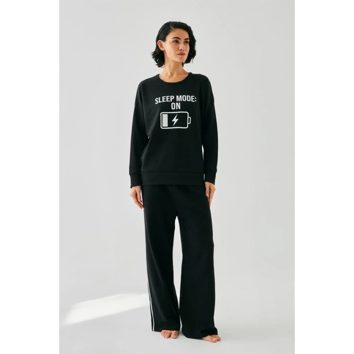Moda Kadın Siyah Sleep Mode ON Oversize 2 İplik Eşofman Ev Giyim Takımı