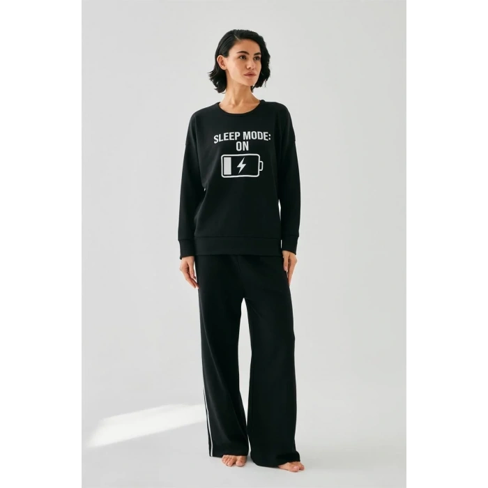 Moda Kadın Siyah Sleep Mode ON Oversize 2 İplik Eşofman Ev Giyim Takımı