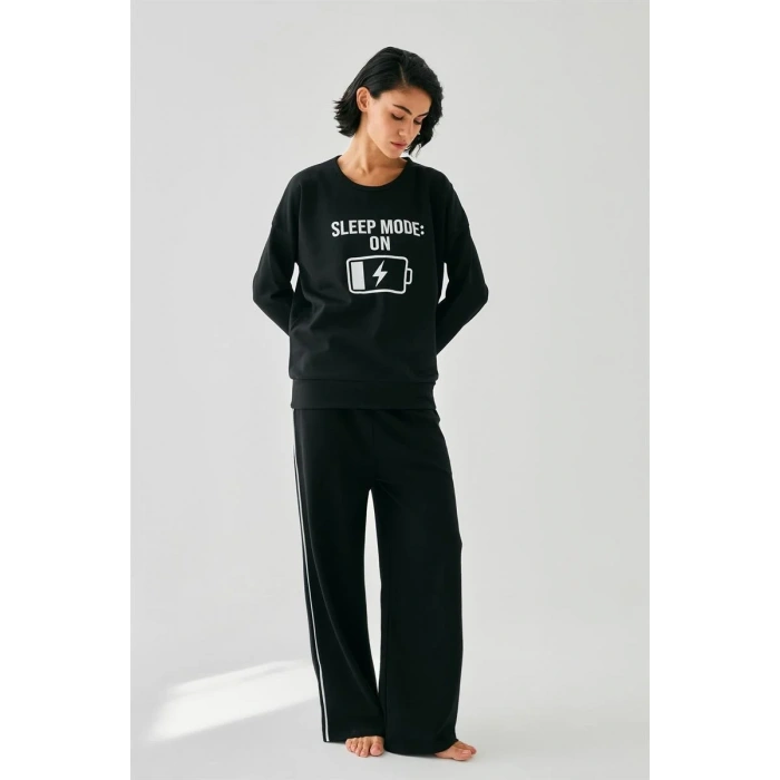 Moda Kadın Siyah Sleep Mode ON Oversize 2 İplik Eşofman Ev Giyim Takımı