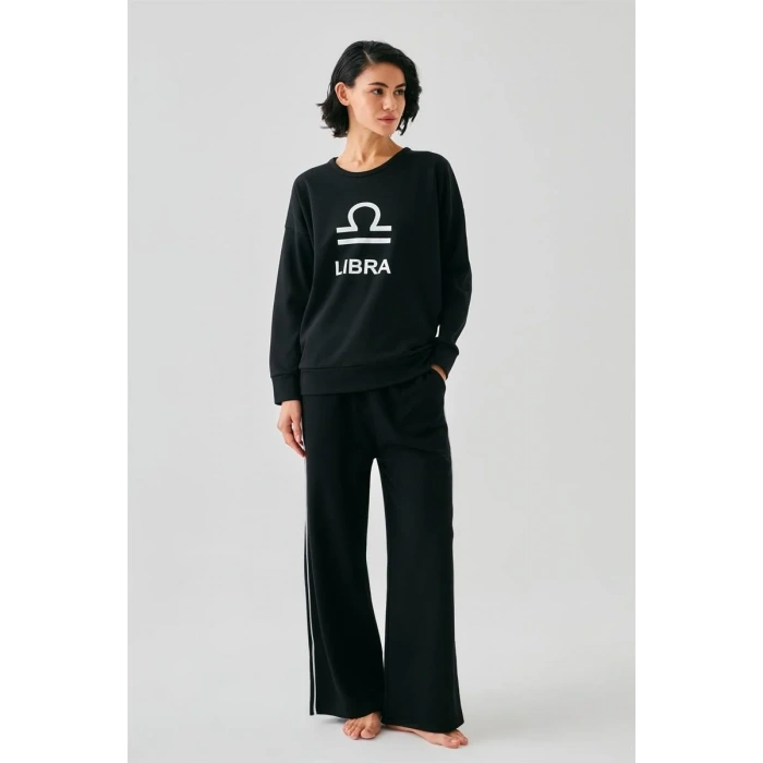 Moda Kadın Siyah Terazi Burcu Oversize 2 İplik Eşofman Ev Giyim Takımı