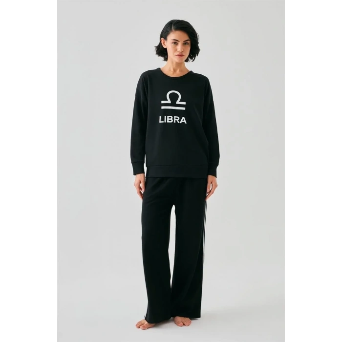 Moda Kadın Siyah Terazi Burcu Oversize 2 İplik Eşofman Ev Giyim Takımı