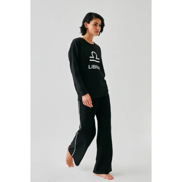 Moda Kadın Siyah Terazi Burcu Oversize 2 İplik Eşofman Ev Giyim Takımı