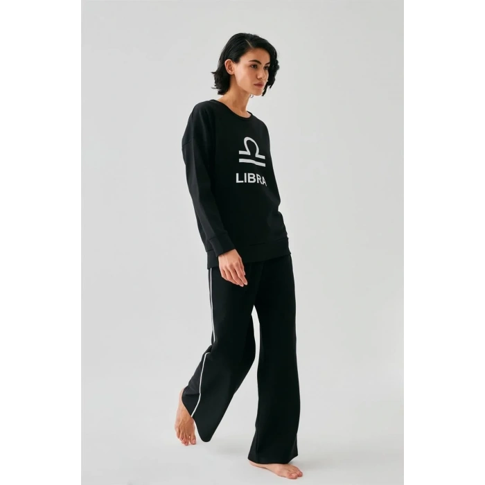 Moda Kadın Siyah Terazi Burcu Oversize 2 İplik Eşofman Ev Giyim Takımı