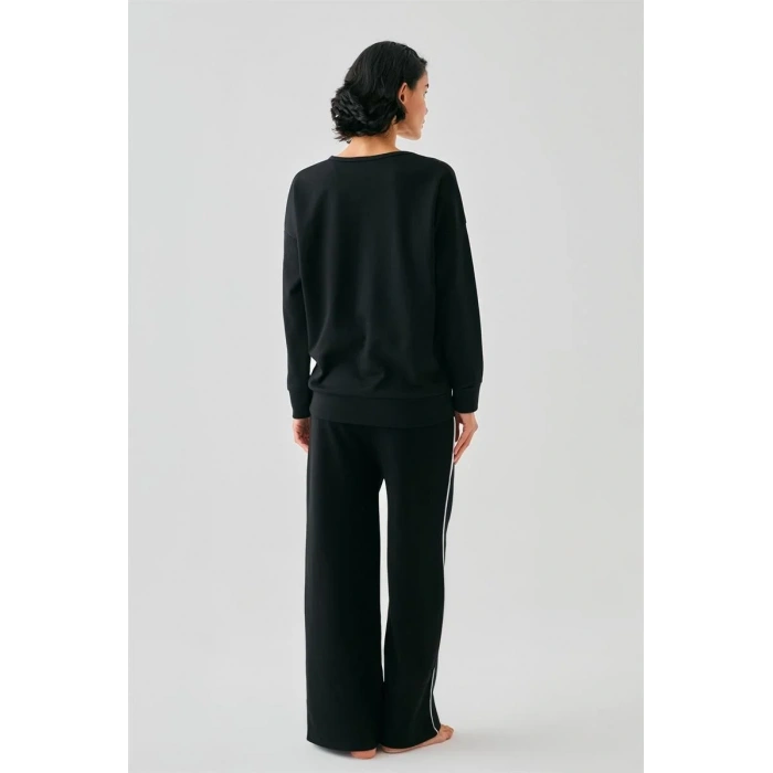 Moda Kadın Siyah Terazi Burcu Oversize 2 İplik Eşofman Ev Giyim Takımı