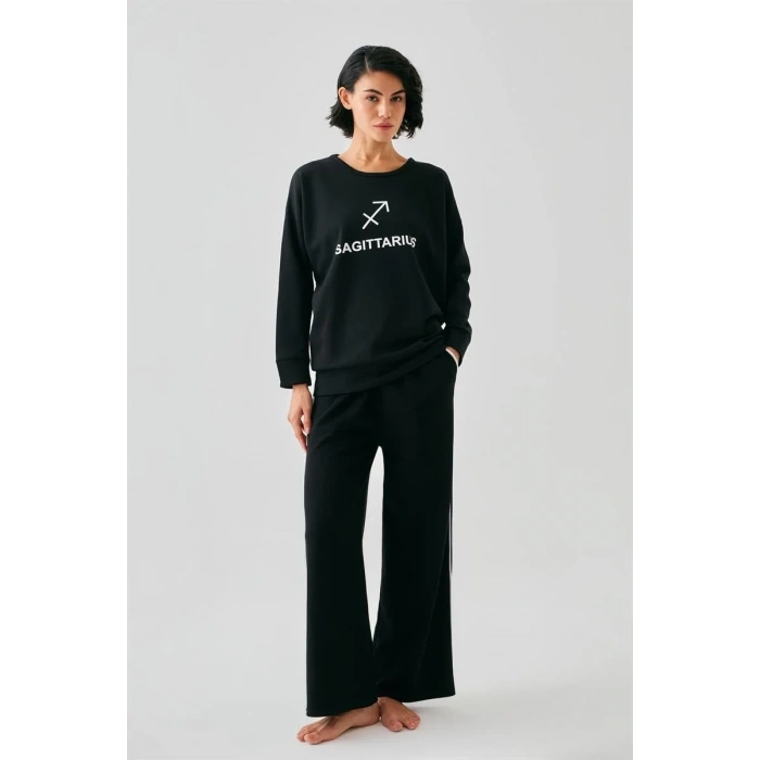 Moda Kadın Siyah Yay Burcu Oversize 2 İplik Eşofman Ev Giyim Takımı